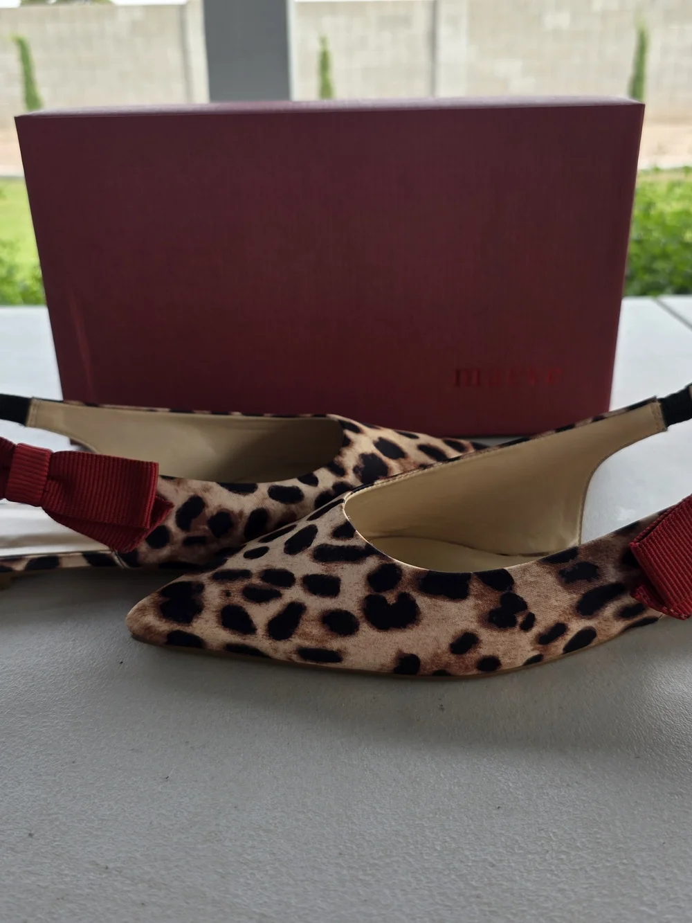 Maeve Leopard Print Pointed Slingbacks with Red Bow Accent - Picture 5 of 6